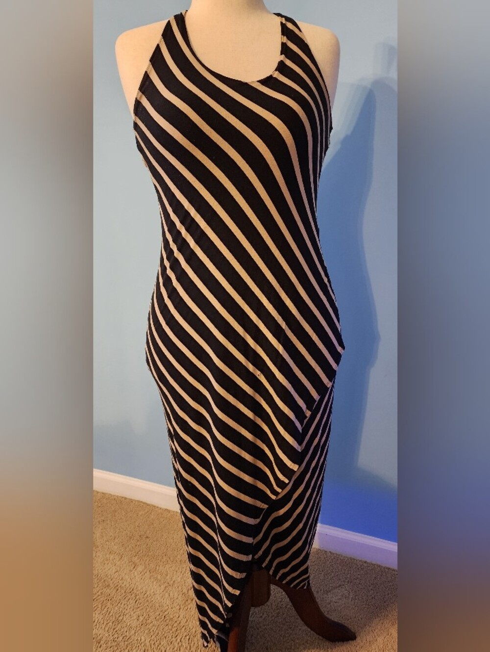 VENUS Black and Beige Asymmetrical Striped Maxi Dress